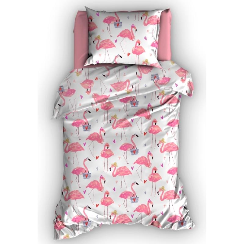 Roze en wit dekbedovertrek met flamingo's