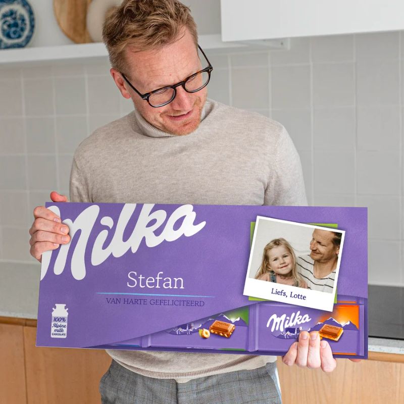 Milka chocoladereep met eigen wikkel met naam en foto
