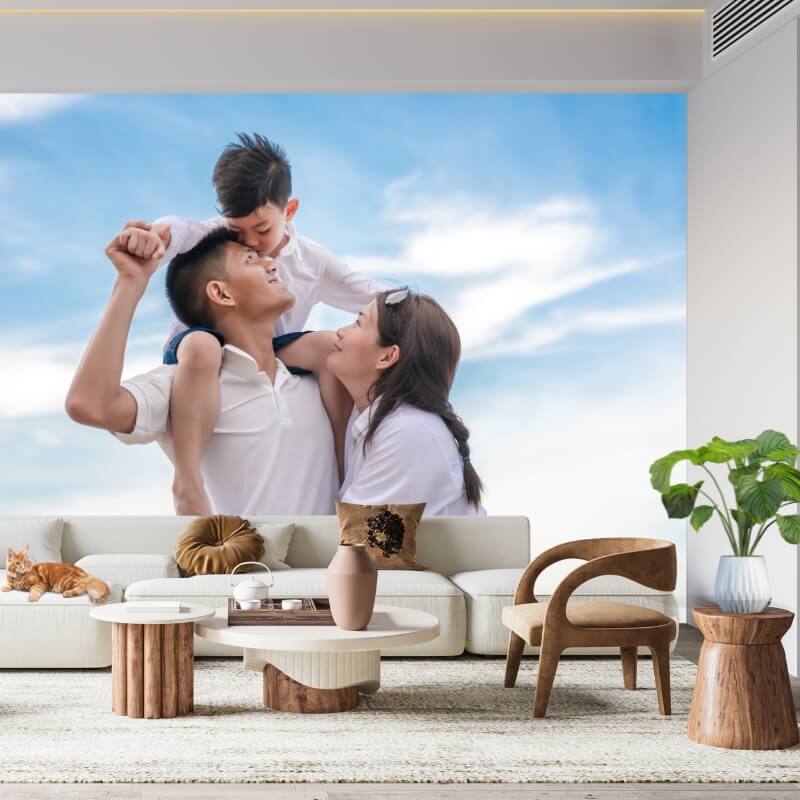 Fotobehang eigen foto op muur in woonkamer