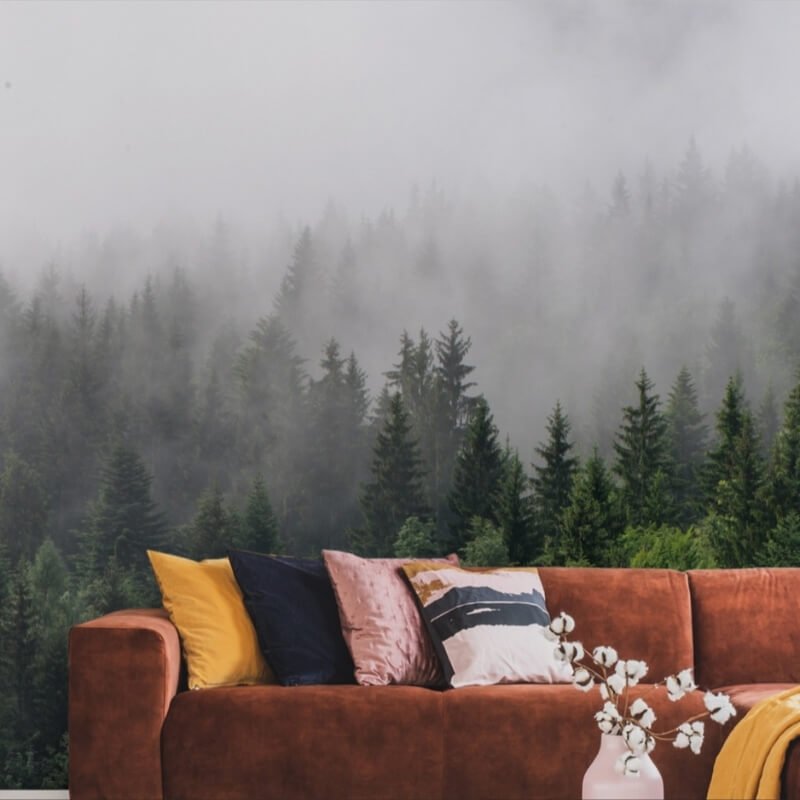 Fotobehang bos in mist in een moderne woonkamer