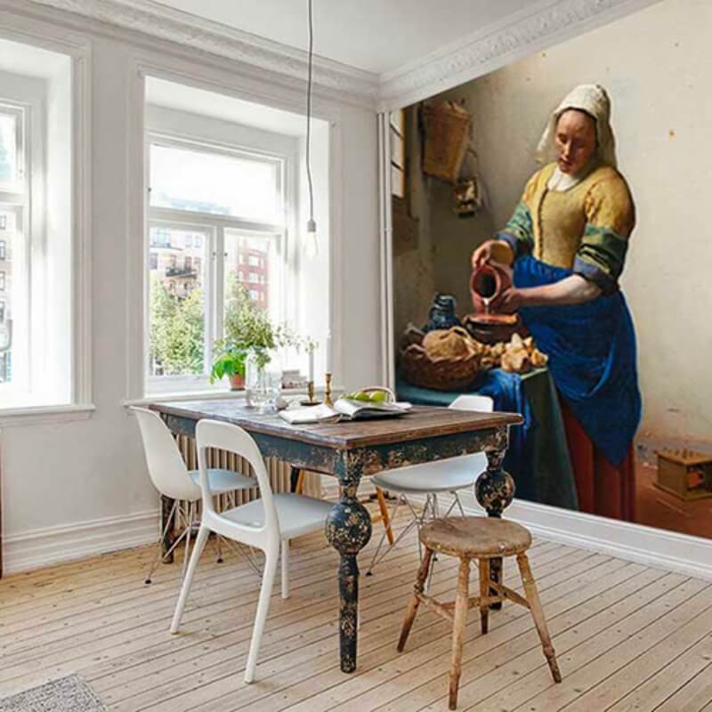Fotobehang Melkmeisje van Vermeer in een moderne keuken