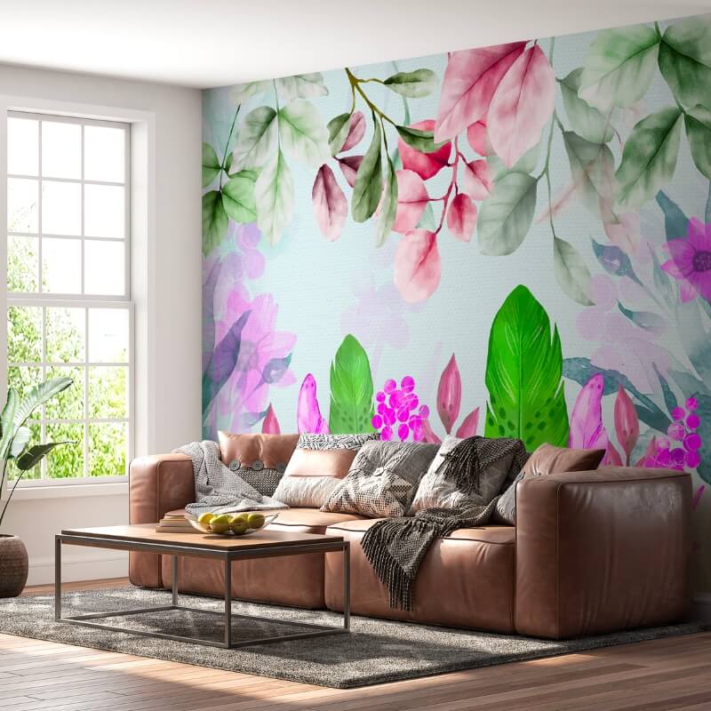 Kleurrijk fotobehang van bladeren van planten in een woonkamer