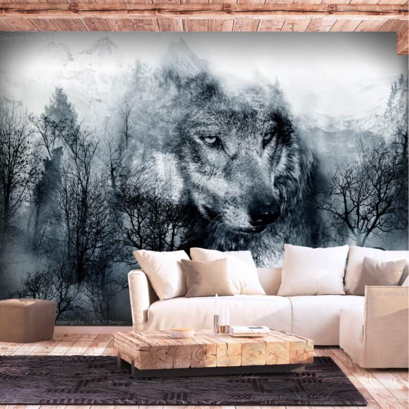 Fotobehang wolf in woonkamer in zwart-wit